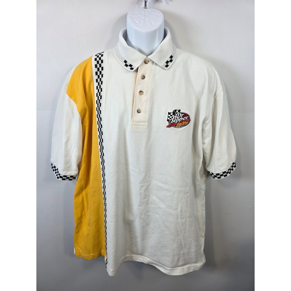 Speed Zone Race Gear Dr Pepper Racing Polo Shirt Mens XL White Yellow Checkered